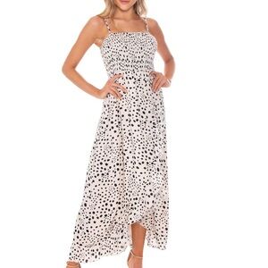 Cream Polka Dot Smocked Maxi Dress with Spaghetti Straps
